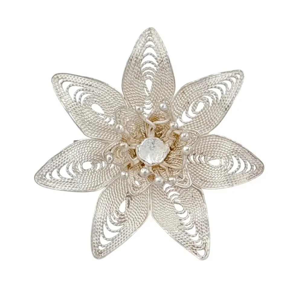 Vintage Sterling Silver 925 Filigree Flower Brooch
